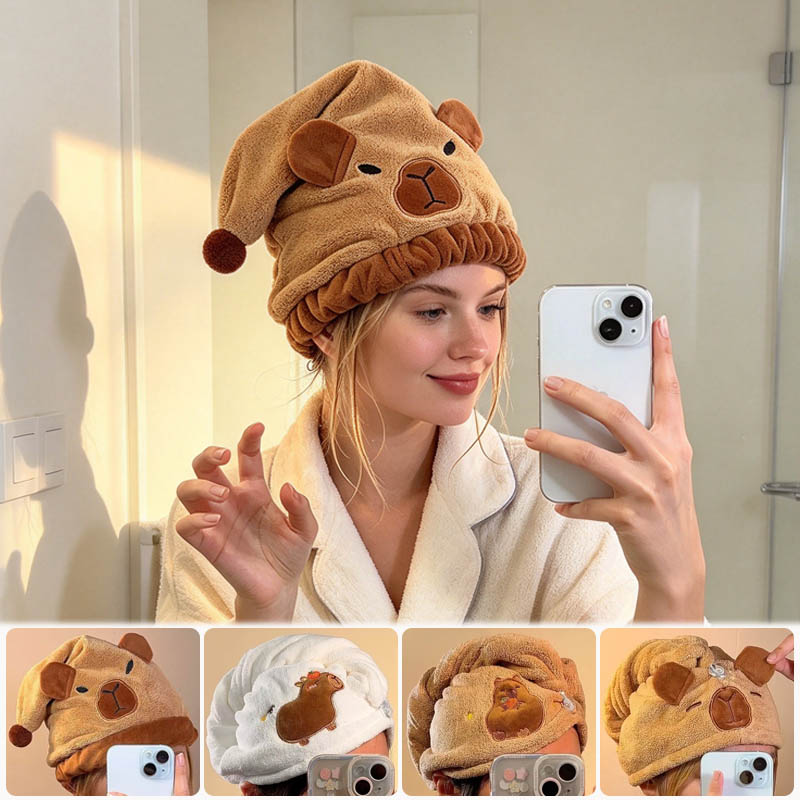 Spa Towel - Kapibara Desenli Mercan Polar Saç Havlusu,